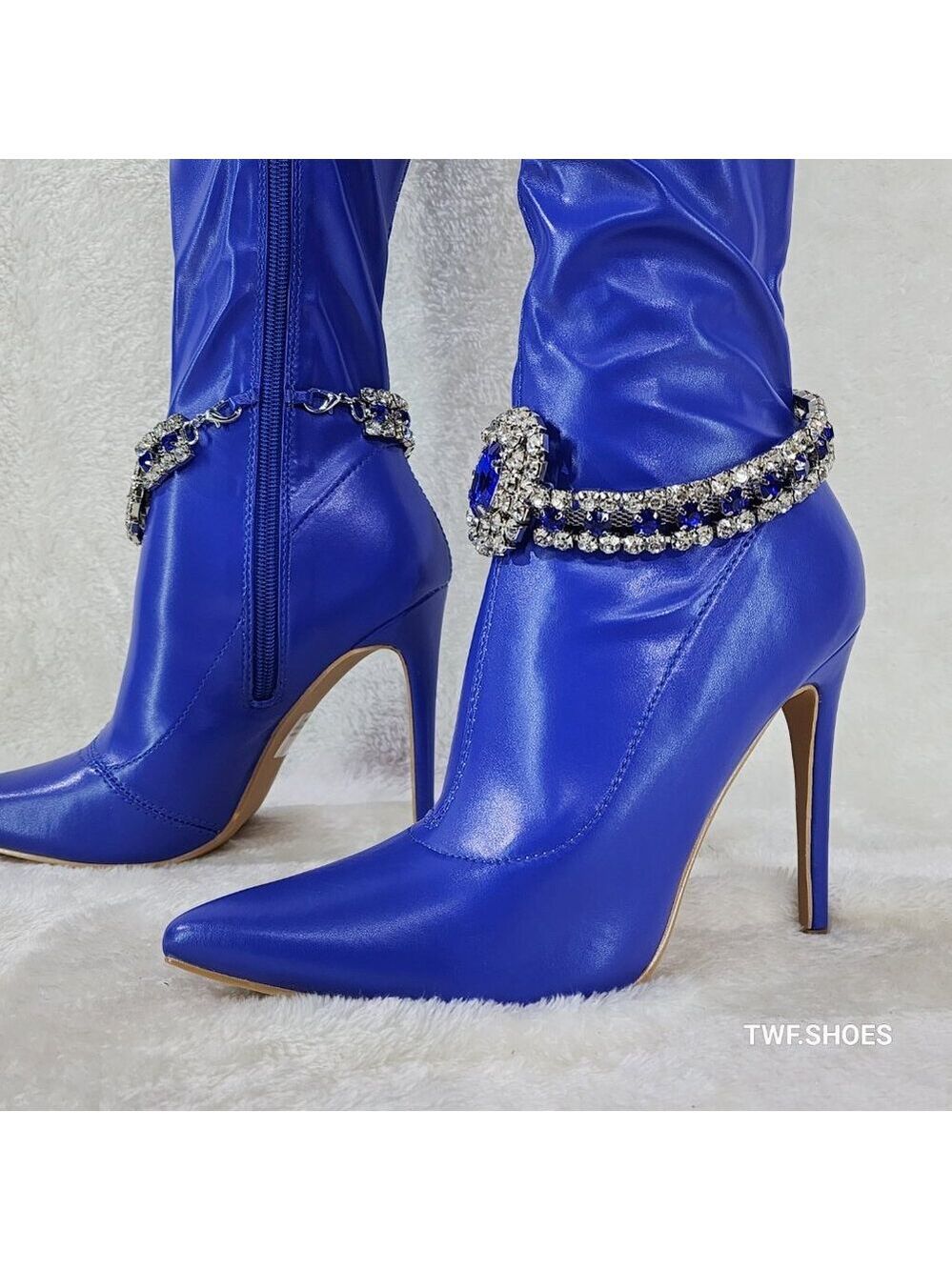 Lawless Bold Blue Stretch Leatherette Rhinestone Ankle Bracelet Thigh High Boots - Picture 17 of 17